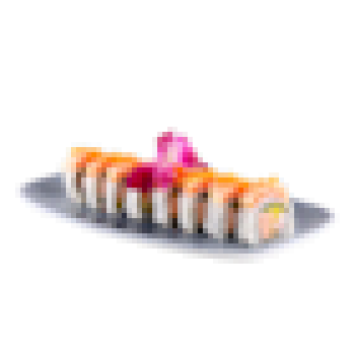 Uramaki z sałatką z pieczonego łososia teriyaki i chrupkami tempury