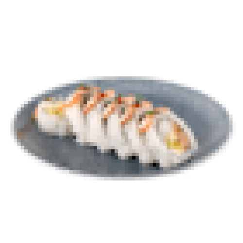 Uramaki Halibut w tempurze ze smażonym kimchi i opalanym łososiem